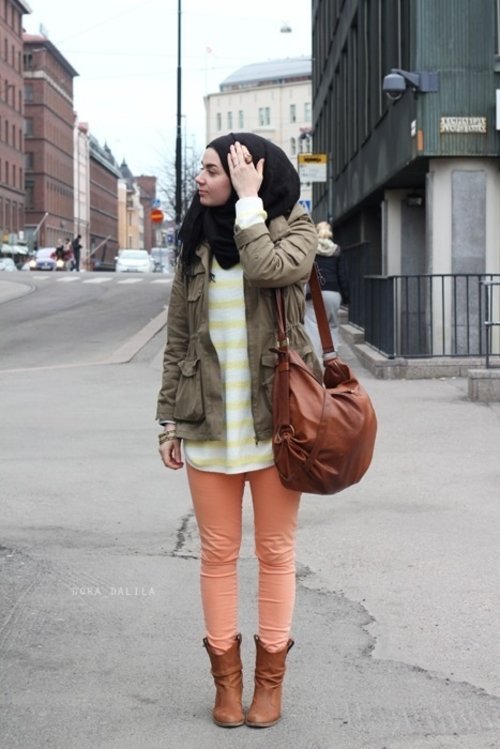 Peach coral pants, olive green cargo jacket