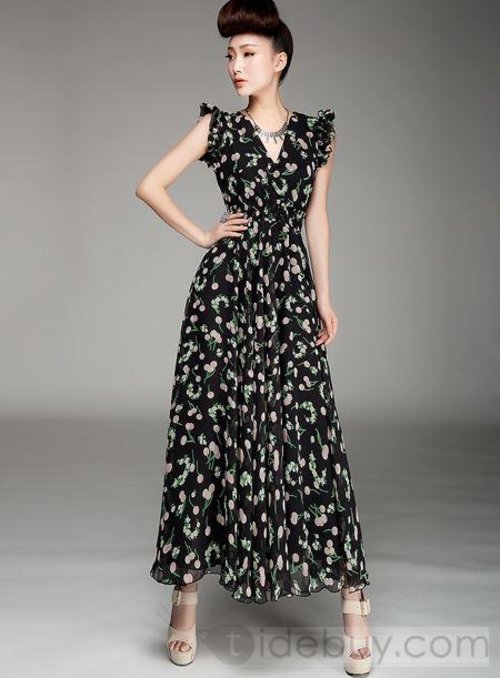 Smart Long Double-Deck Cherry Print Chiffon Dress  : Tidebuy.com