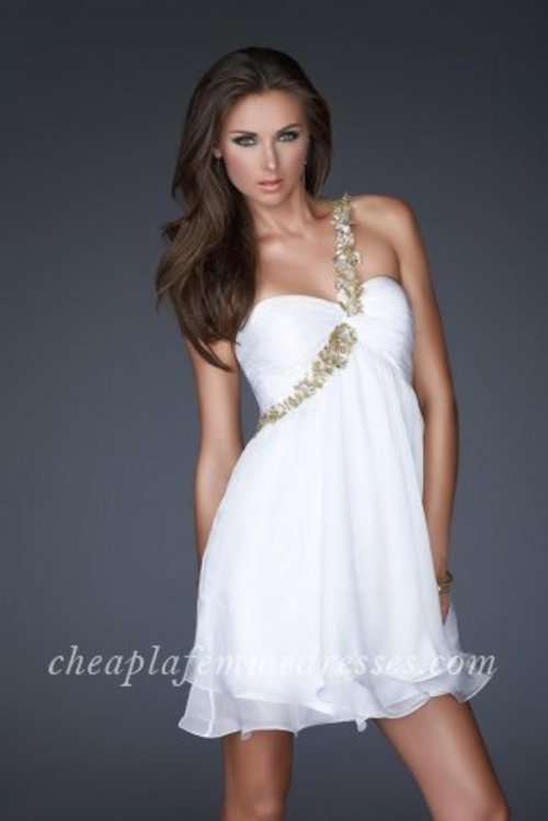 This feminine and exciting La Femme 16060 cocktail dress is truly captivating. You will love the flattering ruched sweetheart bodice with a twisted knot detail, while a stylish beaded applique band crossover forms an ornamental one-shoulder strap. Perfect for Prom Dress, Homecoming Dress, Holiday Dress, Winter Formal Dress, or Special Occasion Dress. Size: Standard Size or Custom Made SizeClosure: Side ZipperDetails: Floral Strap, Open Back, CupsFabric: Chiffon Length: ShortNeckline: Sweetheart, One Shoulder Waistline: EmpireColor: WhiteTag: White,Short,One Shoulder,Homecoming Dresses,Cocktail Dresses,La Femme 16060
