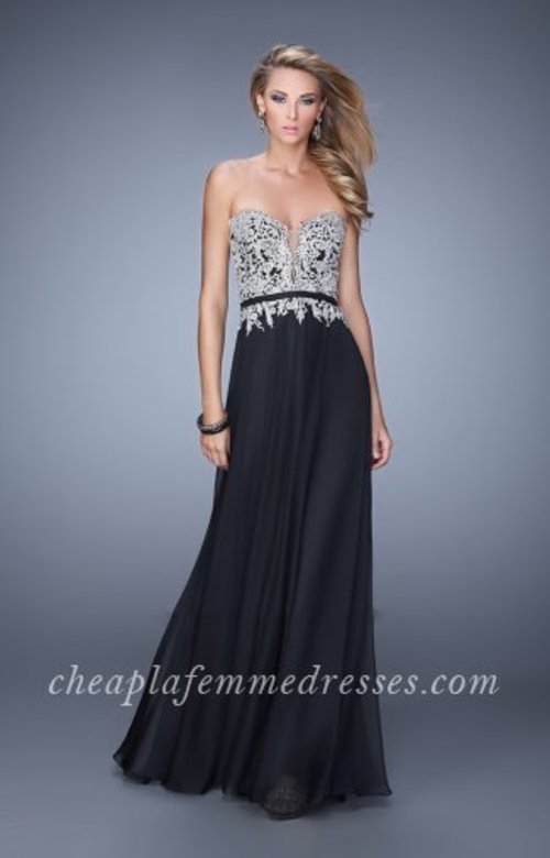Be unforgettable in this perfect gown by La Femme 21334. Embroidered bodice covers a strapless sweetheart neckline and mid-open back. The chic satin belt will accentuate your fabulous curves. Perfect for 2015 Prom Dress, Holiday Dress, Winter Formal Dress, or Special Occasion Dress. Size: Standard Size or Custom Made SizeClosure: Back ZipperDetails: Embroidered BodiceFabric: ChiffonLength: LongNeckline: Strapless SweetheartWaistline: NaturalColor: BlackTag: Black,Long,Strapless Sweetheart,Prom Dresses,La Femme 21334