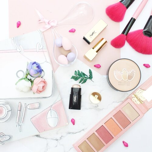 Current favorite product, 
_________________
Cushion @rollover.reaction 
Hey Cheecks Blush on @essencemakeup 
Rouge pur Couture @yslbeauty 
Face highlighter duo stick @yslbeauty 
Beauty blender @jacquelle_official 
____________
#clozette #clozetteid #starclozetter #dailymakeup #flatlay #flatlaystyle #makeupflatlay #flatlaynation #flatlayphotography #flatlaytoday #beautyblogger #bloggerlife #bloggerstyle