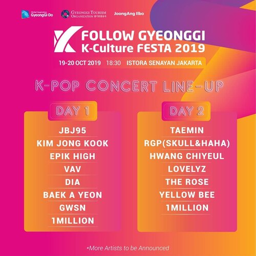 Heyho ma belle, yang k-poppers mana suaranya??? Follow Gyeonggi K-Culture FESTA 2019 akan hadir di jakarta!Acara ini merupakan sebuah kegiatan yang dilaksanakan oleh pemerintah provinsi Gyeonggi-do, Korea Selatan 🇰🇷 untuk mempromosikan destinasi wisata daerah Gyeonggi-do. Acara tersebut akan digelar selama dua hari yaitu pada tanggal 19-20 Oktober 2019 di Istora Senayan Jakarta.__Disana bakalan ada:𝐉𝐁𝐉𝟗𝟓, 𝐊𝐢𝐦 𝐉𝐨𝐧𝐠 𝐊𝐨𝐨𝐤, 𝐄𝐩𝐢𝐤 𝐇𝐢𝐠𝐡, 𝐕𝐀𝐕, 𝐃𝐈𝐀, 𝐁𝐚𝐞𝐤 𝐀 𝐘𝐞𝐨𝐧, 𝐆𝐖𝐒𝐍, 𝟏𝐌𝐢𝐥𝐥𝐢𝐨𝐧, 𝐓𝐚𝐞𝐦𝐢𝐧, 𝐑𝐆𝐏 (𝐒𝐤𝐮𝐥𝐥 & 𝐇𝐚𝐡𝐚), 𝐇𝐰𝐚𝐧𝐠 𝐂𝐡𝐢𝐲𝐞𝐮𝐥, 𝐋𝐨𝐯𝐞𝐥𝐲𝐳, 𝐓𝐡𝐞 𝐑𝐨𝐬𝐞, 𝐘𝐞𝐥𝐥𝐨𝐰 𝐁𝐞𝐞, dan masih akan ada Artist lainnya yang akan dibisikin nanti!__Follow Gyeonggi K-Culture FESTA 2019 gak hanya menggelar konser K-Pop aja, tapi ada beberapa kegiatan seru lainnya seperti : Pameran 31 destinasi wisata Gyeonggi-do, Dance workshop dari 1 Million Dance Studio, Experience event (K-Beauty, K-Food, K-Hot Place)Oh ya jangan lupa untuk follow & @follow.gyeonggi turn on your notification biar ga ketinggalan info ter-update nya ya! 🎶 #FollowGyeonggi#KPopFestivalJakarta#KCultureFESTA2019#Kpopjakarta#Kpopindonesia#Kpopers