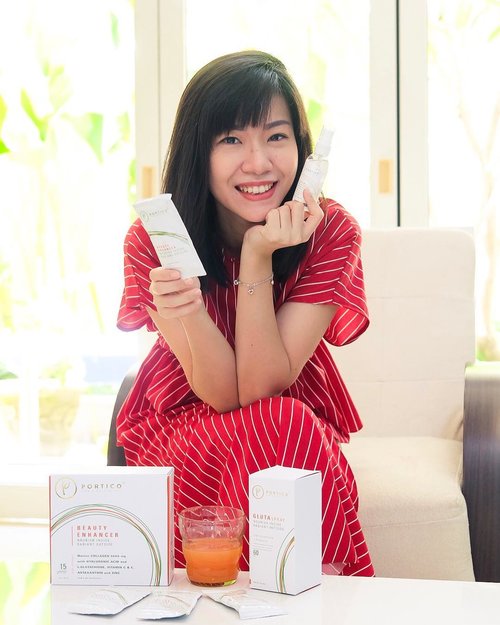 My secret of radiant and healthier skin: @portico.id 🌱.Been consuming Portico Beauty Enhancer drink and spraying Portico Gluta Spray for the past 15 days, and i can see that my skin is healthier, more supple, and glowing!..•The drink has tropical taste, and formulated with Collagen, Hyaluronic Acid, L-Glutathione, Astaxanthin, Vit C, Vit E, and Zinc.•The spray formulated with Glutathione and Probiotics...With a routine usage, i can live to their tagline: Nourish Inside, Radiant Outside ✨ so happy to achieve healthier skin!All @portico.id Products certified BPOM. Totally safe! Try it by yourself now and get radiant look ❤️...#projectcollabswithangelias #forabetteryou #nourishinside #radiantoutside #portico #clozetteid #bloggerindonesia #indonesianblogger #surabayablogger #bloggersurabaya #beautyblogger #healthydrink #beautydrink #facespray
