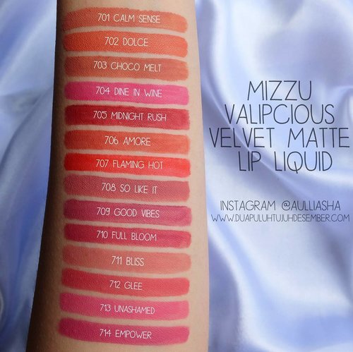 @mizzucosmetics Valipcious Velvet Matte Lip Liquid swatched by me ( Full shades 701-714) ❤ Full review will be on my blog soon 👌  #duapuluhtujuhdesember #mizzucosmetics #mizzu #mizzulipcream #mizzuvalipcious #mizzuvelvetmatte #bbloggers #lipstick #lipswatch #lipstickswatched #beautyblogger #lipstickaddict #mattelipstick #clozetteid #femaledaily #clozettedaily #starclozetter