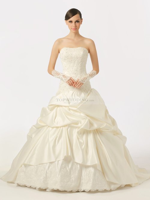 STRAPLESS BEADED AND APPLIQUED SATIN BALL GOWN WITH PICK UPS