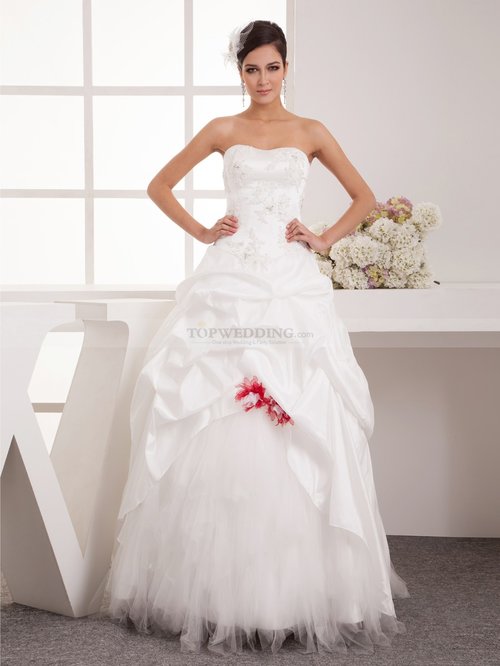 APPLIQUED TAFFETA BRIDAL GOWN WITH CONTRASTING LACE UP AND FLORAL DECOR