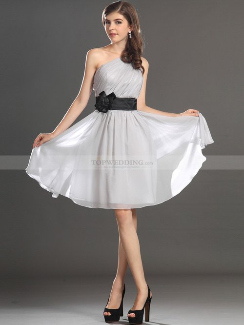 ONE SHOULDER PLEATED SHORT CHIFFON A LINE HOMECOMING DRESS WITH SASH
