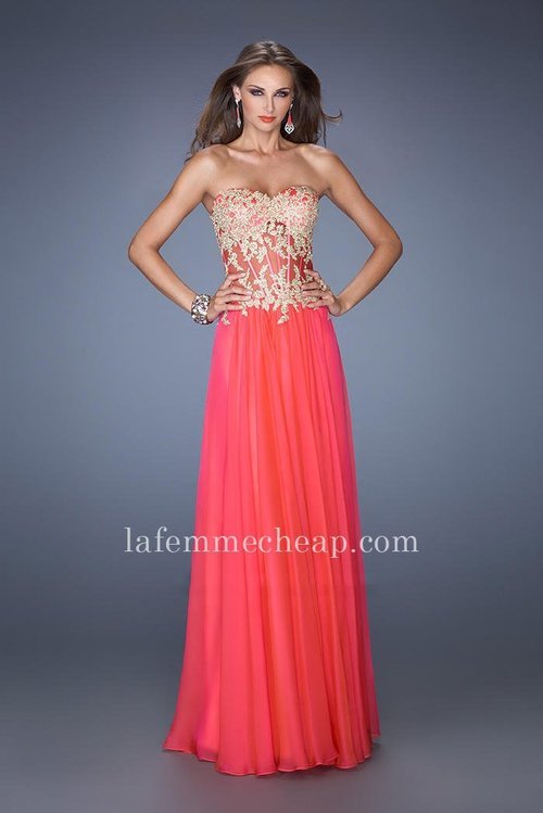 La Femme Style 19593 Senior Prom Dress Features a Sweetheart Neckline, Sheer Illusion Bodice with Exposed Boning and Gold Lace Embellishment, and Gathered Chiffon Skirt. This La Femme Chiffon Dress is perfect for Prom Dress, Evening Dress, Celebrity Dress, Winter Formal Dress, Homecoming Dress or Special Occasion Dress. Size: Standard Size or Custom Made SizeClosure: Back ZipperDetails: Sheer Illusion BodiceFabric: ChiffonLength: LongNeckline: Strapless SweetheartWaistline: NaturalColor: WatermelonTag: Watermelon, Long, Strapless, Prom Dresses, La Femme 19593