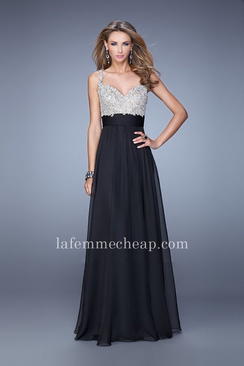 Exquisite La Femme Style 21505 Prom Dress Features a V Neckline, Jewel Encrusted Lace Bodice and Straps, V Back, and Soft Gathered Chiffon Skirt. Perfect for 2015 Prom Dress, Winter Formal Dress, Evening Dress, Homecoming Dress, Engagement Dress, or Wedding Gust Dress. Size: Standard Size or Custom Made SizeClosure: Back ZipperDetails: Beaded TopFabric: ChiffonLength: LongNeckline: Sweetheart, Two StrapsWaistline: NaturalColor: BlackTag: Black, Long, Sweetheart, Two Straps ,Prom Dresses, La Femme 21505