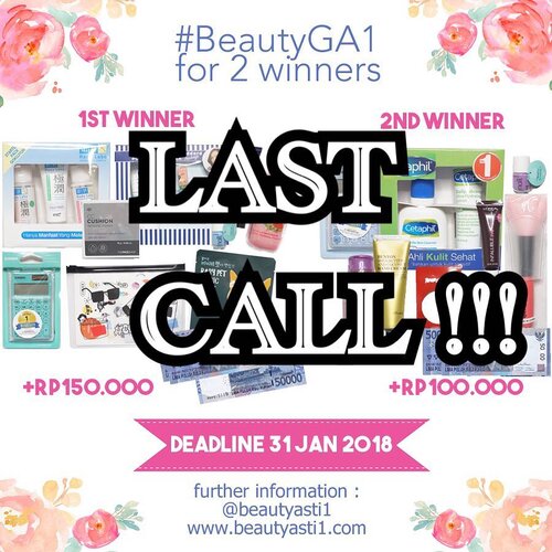 [🎁GIVEAWAY🎁] BESOK!! Terakhir submit #BeautyGA1 yaaa.. Hadiah nya ada uang tunai, kallulator CASIO My Style, CC Cushion TheFaceShop, Cetaphil, Benton, Nivea, Emina, Holika Holika, L’Oreal, DLL. CARA NYA :
.
.

1. Follow Instagram @beautyasti1 , blog beautyasti1.com (Caranya : Klik Follow My Blog - GFC) , dan Google+ aku (Caranya klik Google+ Followers ==> Klik add to Cirlces) 
2. Regram poster giveaway ini di Instagram kamu, dengan multiple foto kedua adalah hasil capture salah satu postingan di beautyasti1.com yang kamu suka (Kamu pilih ya salah satu postingan di blog aku yang kamu suka, terus kamu capture)

3. Tulis caption kenapa kamu suka dengan postingan tersebut dan cantumkan juga nama Google+ dan nama GFC kamu dengan hashtag #BeautyGA1 
4. Tag teman kamu sebanyak banyak nya untuk ikutan #BeautyGA1 (minimal 5 orang)

5. Kriteria penilaian berdasarkan caption  terbaik (Juri tambahan : @MsrenC)
6. Deadline 31 Januari 2018 dan pengumuman pemenang 3 Februari 2018 di IG Story @beautyasti1 .
.
Good luck!
.
.
.
#clozetteid #kuis #kuisberhadiah #quiz #gaindo #giveaway #giveawayindo #regramcontest #giveawayindonesia #indogiveaway #kontes #kontesberhadiah #gratis #gratisan #hadiah #FREEONGKIR #jakarta #indonesia #giveawayjakarta #giveawaymakeup #kuisgratis #kuishunter #kuisinstagram #instagramkuis #kuisindonesia #quizhunter #infokuis #infoquiz