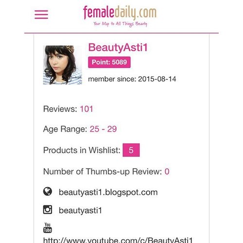 Got 5 badges on @femaledailynetwork 🌻🌻💐 I'm a Beauty Advisor now #LOL 👅 
So you can get all the badges by reviewing your beauty product from head to toe on 👉www.reviews.femaledaily.com 
#fdbeauty #FemaleDailyReview #clozetteid #picoftheday #photooftheday #beauty #beautyadvisor #blogger #beautyblogger #love #likes #new #instagood