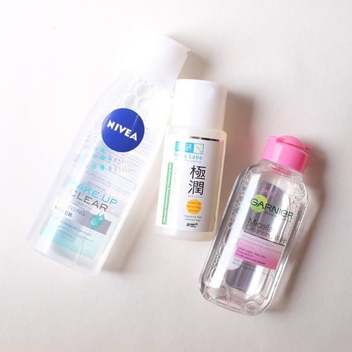 If you're looking for budget friendly first cleanser, these three are easily available in Indonesia and doesn't cost more than Rp 100,000.1⃣ Nivea cleansing water two to three pads to cleanse your makeup. Heavily soaked. Works better for eye makeup than the Garnier. But ...2⃣ The Garnier Micellar Water feels more comfortable on my dry skin whereas the Nivea slightly sting. 3⃣ Hada Labo cleansing oil, some say it doesn't work quite as well as the one sold overseas, but I have no problem. I apply liberally to the face and it seems to dilute my makeup just fine including heavy coverage makeup. Easily emulsified.However, as you know, I'm not one that favour cleansing water as first cleansee it's just something for emergency. But if you do, try using balm or cleansing oil as second cleanser to make sure you cleanse your face thoroughly.