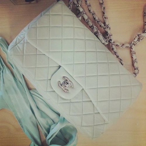 Vintage Chanel Jumbo Classic Flap in pastel green with Ducie silk sash.