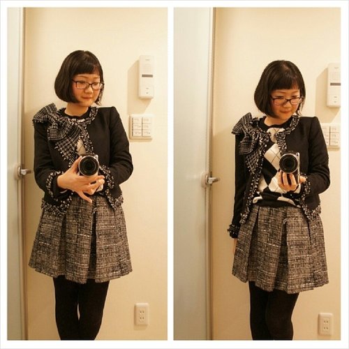 Full Alice+Olivia look: bow jacket, wool argyle sweater, and a-line boucle skirt.