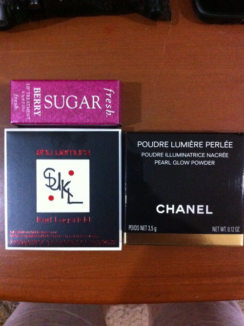 Chanel pearl glow powder, Shu Uemura x Karl Lagerfeld prestigious bordeaux palette, Fresh sugar lip treatment