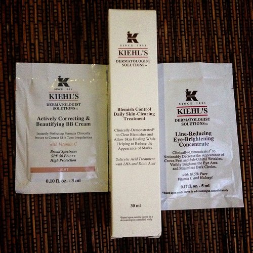 Kiehl's Blemish Control Daily Skin-Clearing Treatment, Actively Correcting & Beautifying BB Cream (sample) & Line Reducing Eye-Brightening Concentrate (sample). 