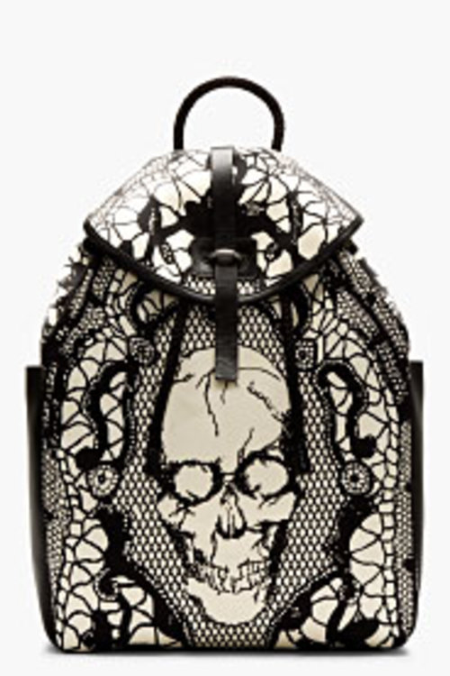 Alexander McQueen Black & Ivory Leather Lace Skull Print Backpack for men | SSENSE

Ini tas buat cowok, tapi aku suka model sm motifnya
:(((