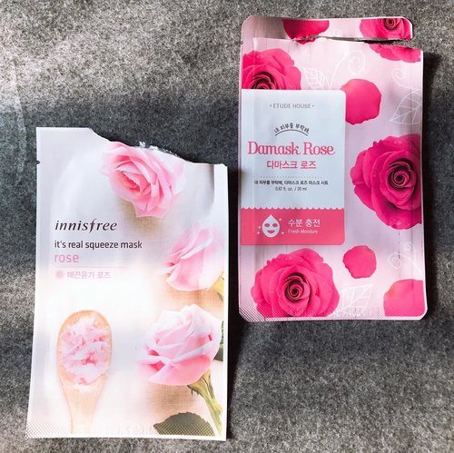 (#skincarereview) | R O S E . M A S K 🌹🌸
.
.
🌺 #EtudeHouse Damask Rose Mask
Claims to provide fresh moisture for dry skin, this sheet mask feels very wet but not dripping. It has medium thickness and a subtle scent. Felt tingling / slightly burning on skin but I hope it’s just the formula working its magic on my sensitive combi skin. Afterwards my skin felt so moist and well hydrated. It feels a bit sticky on some parts though, but I dont really care as long as it helps me avoid dry skin in the morning (because I used this at night before sleep)
.
🌸 #Innisfree It’s Real Squeeze “Rose” Mask
Another rose mask but from different brand. This one has medium thickness and wetness. It felt comforting on skin although nothing very special worth to mention. Except that it helps hydrates my skin and restore some moist back into my dry area. It also made my skin feels smooth.
.
.
.
.
.
.
#sheetmask #rosemask #skincarelove #skincareblogger #bbloggers #clozetteid #ykskindiary #skinessentials #roseskincare #skincarereview #beautycommunity