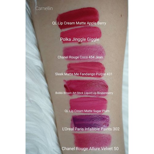 A hint of purplish-fuchsia tone that's lively. #QLCosmetic #Polka #Chanel #lipstick #Sleek #bobbibrown #LOREALParis #LOREALParis #lippies #bblogger #beautyblogger #beautybloggerindonesia #review #motd #lotd #ootd #clozetteid #recommended #love