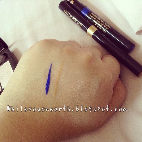 Artliner 24H in Sapphire and Gold by @lancomeid. The colors are astonishing and proven waterproof. http://www.whileyouonearth.blogspot.com/2014/09/lancome-artliner-24h-in-gold-and.html #best #blog #blogger #idblog #idbblogger #beautiful #beautyblogger #clozetteid #idblogger #beautybloggerid #indoblogger #indonesia #lancome #waterproof #eyeliner #artliner #gold #sapphire #awesome #swatches