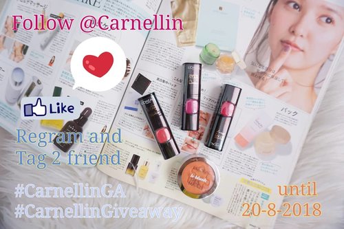 Hello ladies (and gents), Carnellin ada giveaway lagi nih dari hari ini sampai 20 Agustus 2018. 
1 orang pemenang akan mendapatkan  3 lipstick dan 1 blush on seperti di foto. 
Shade 3 lipstick tersebut adalah:
Camelia, Iris, dan Primrose

Blush True Match dengan shade Grapefruit.

Caranya mudah, 
1. Follow @carnellin  di instagram.

2. Regram post ini, tag 2 orang teman kamu.

3. Pakaikan hashtag #CarnellinGA dan #CARNELLINGIVEAWAY ya, karena pemilihan giveawaynya random berdasarkan 2 hashtag tersebut dan TIDAK PERLU tag akun @Carnellin.

4. Boleh spam like dan komen ya di post-post aku yang lain. 
#lipstickloreal #giveaway #lippies #loreal #hadiah #menangkan #beauty #love #cosmetic #ClozetteID #bloggergiveaway