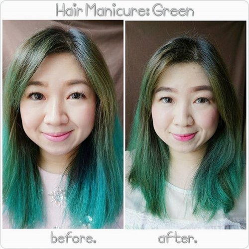 Before and after Hair Manicure using L'Oreal Nuancelle in green. The shade becomes darker (perhaps next time I choose the one in clear) and the hair manicure instantly help "sealing" and "curing" my hair, giving it Shine and especially on the ends where it looks dry the most now the hair looks somewhat normal once again.Hair Manicure juga bikin rambut yang ngembang (ngejegrek) karena kering parah jadi oke lagi 😅#haircolor #hairmanicure #hairstyle #ClozetteID #beautybloggerindonesia #BeautyBlogger