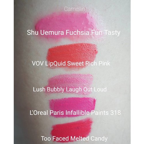 Pinky dinky doo 😍 all liquid pink lippies. 
#liquidlipstick #lippies #pink  #lushcosmetics #toofaced #bblogger #love  #red #blogger #swatches #beautybloggerindonesia #redlips #beauty #clozetteid #vov #infalliblelippaints #shuuemura #LOREALParisID #LOREALParis #vovcosmetics