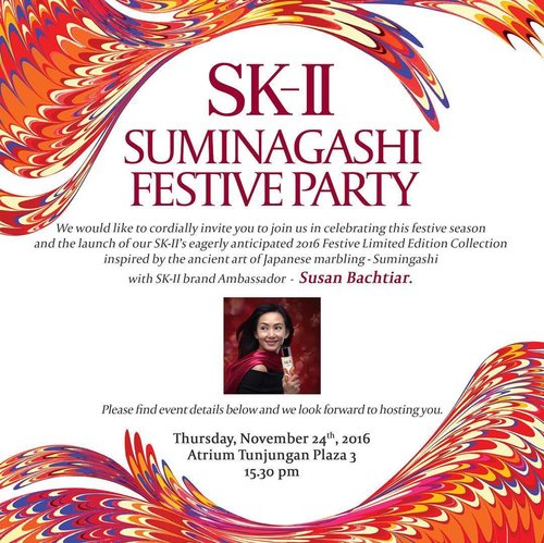 An event you can't miss out! .
.
For all skincare and beauty enthusiasts, there will be SK-II Suminagashi Festive Party, Thursday, November 24th 2016 at Atrium Tunjungan Plaza 3 with a lot of attractions and activities await! Start at 3.30 PM, see you there 😘 .
.
#SKII #SKIIgifts #changedestiny #ClozetteID #ClozetteIDxSKIISBY
