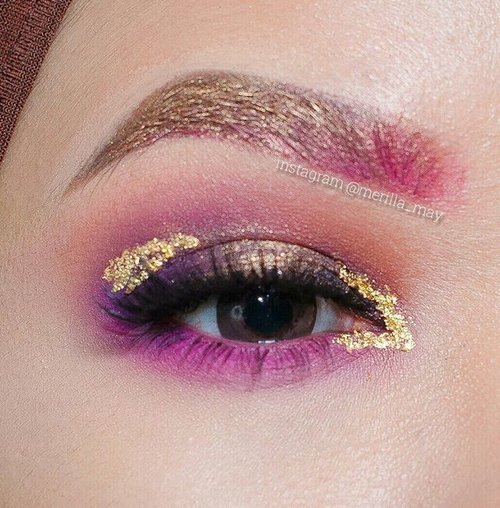 Purple & Gold will always have special place in my heart 💖💖💖 - @urbandecaycosmetics 24/7 pencil eyeliner in Tornado & Perversion- @coastalscents creative me 1 palette shade bright neon pink, deep grape, magenta- @anastasiabeverlyhills morocco, Soft Peach- @katvondbeauty everlasting lipstick in Bauhau5 on brow & under eye- @loraccosmetics pro eyeshadow in Gold on Lid & Brow- @maybellineina aybelline Hypercurl mascara on lower lashes.- @angellashescollection but forgot which one, i'll update later 😉- And of course, some edible gold flakes from baking store 👑#merilla_may #looxperiments #clozetteid #anastasiabeverlyhills #norvina #lucinda212 #kvdbeauty #katvond #bauhau5 #wakeupandmakeup #makeupfanatic1 #brian_champagne #fiercesociety #eotd #eyeart