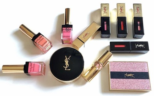 Sorry for the lack of updates on makeup, been busy with life #lol 
Here's just some of my @yslbeauty collections and many more to come 😜
Finally this pretty cushion is on my hands now, been very curious about it and hoping I would love it #fingercrossed & also Vinyl Cream in 402.
#yslbeauty #makeup #makeupstash #makeupcollection #makeupaddict #makeupaddiction #beauty #beautyaddict #makeupmania #clozetteid #clozettedaily #clozette #fdbeauty #femaledaily #makeupjunkie #happy #happylife #newmakeup