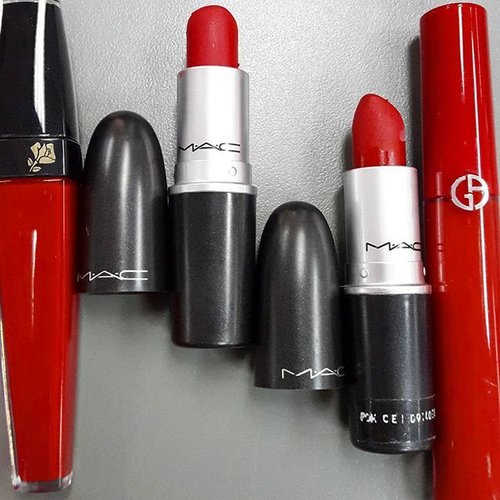 (Some of) My red collection... i've told you... im a beauty addict.. :) Guess which one i use today ? #red #redlover #redlips #redlipstick #clozetteid #clozette #lancomeparis #labsoluvelours #rubywoo #russianred #lipmaestro #maestro400 #femaledaily #fdbeauty