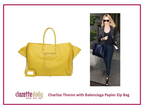 Charlize Theron with Balenciaga Papier Zip Bag
Suka, yg make terlihat fancy dan berani ditambah fresh look dg warna kuningnya
