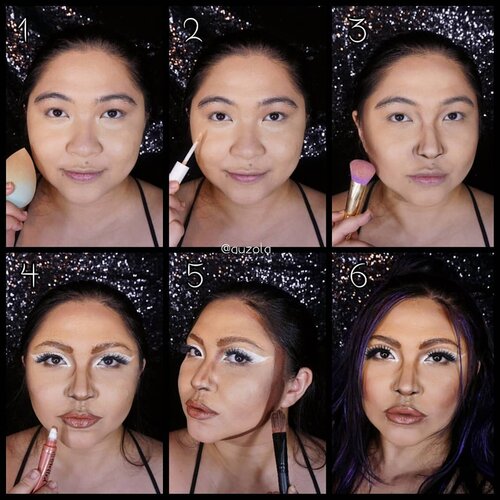 #auzolatutorial Lady Gaga #rainonme makeup look tutorial is here!
.
Face:
1. Gunakan primer dan foundation.
2. Tambahkan concealer seperlunya.
3. Shading bagian wajah dan hidung based on wajah Lady Gaga. Rahangnya tegas dan hidungnya mancung agak besar pada bagian tengah.
4. Buat eyemakeup (next pic), lalu bentuk bibir menggunakan lip liner coklat biar bibir tampak lbh tebal. Lalu bagian tengahnya isi sama gloss warna nude. 
5. Kalau kamu agak chubby kaya aku, buat achieve bentuk muka Lady Gaga mungkin harus tambah shading tegas disekitaran muka (aku pakai facepaint coklat).
6. Rambutnya di style ala music videonya deh.
.
Eyes:
1. Krn alis aku ketebelan dan agak jauh dr mata, makanya alis aku di "ilangin" dulu. Pertama pakai lem/wax snazaroo buat lekatin rambut alis.
2. Tutup dengan concealer/foundie senada dng warna kulit.
3. Tap tap dng bedak.
4. Buat ngebentuk mata, aku menggunakan bbrp eyelid tape. Bagian depannya aku double krn eyelid Lady Gaga cukup visible bagian depannya.
5. Buat alis baru menggunakan warna coklat, yang lebih dekat ke arah mata.
6. Gunakan eyeliner/facepaint putih dikeseluruhan kelopak menbentuk point runcing pada bagian ujung luar. Dan tambah juga di ujung dalam mata hingga agak ke bawah sedikit.
7. Gunakan eyeshadow coklat pada bawah mata.
8. Gunakan mascara.
9. Tambahkan bulu mata palsu.
Done!!
.
.
.
.
#auzolamakeupcharacter #rainonmemusicvideo #stayhome #wakeupandmakeup #charactermakeup #arianagrande #ladygaga #rainonme #chromatica #makeupforbarbies  #indonesianbeautyblogger #undiscovered_muas @undiscovered_muas #clozetteid #makeupcoyote #makeupcreators #slave2beauty #coolmakeup #makeupvines #tampilcantik #mua_army  #fantasymakeupworld #100daysofmakeup #15dayscontentmarathon