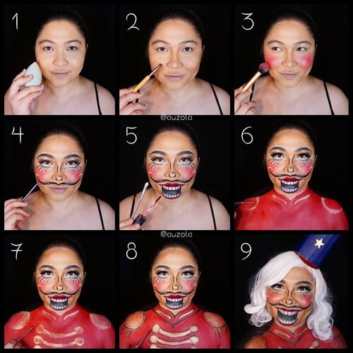 #auzolatutorial Here goes my Nutcracker makeup look tutorial!
.
🎨Face🎨
1. Gunakan foundation dan concealer.
2. Shading menggunakan warna yang agak warm. Shading bagian pipi agak tebal.
3. Gunakan blush on kemerahan dengan tebal membentuk bulat pada kedua pipi.
4. Buat eye makeup (swipe). Lalu gambar kumis dari atas bibir sampai ke arah pipi. Tambahkan garis melengkung di ujung kedua kumis dng eyeliner putih. Berikan garis hitam di atas shading hidung.
5. Gunakan lipstick merah pada bagian atas bibir dan gambar gigi pada bibir bagian bawah hingga ke dagu.
6. Gambar baju menggunakan face paint merah.
7. Tambahkan detil menggunakan warna gold.
8. Garisi dengan warna hitam pada bagian baju yang diperlukan.
9. Tambahkan aksesoris seperti wig putih dan topi nutcracker, done!
.
🎨Eyes🎨
1. Bentuk alis agak tebal menggunakan warna alis hitam. Rapikan alis dng concealer seperlunya.
2. Gunakan eyeshadow coklat pada keseluruhan kelopak mata.
3. Tambahkan warna coklat yang lebih gelap pada ujung luar mata dan blend.
4. Aplikasikan eyeshadow gold pada tengah kelopak.
5. Gunakan warna champagne pada tulang alis.
6. Aplikasikan eyeliner glitter pada bawah alis dan juga ujung dalam mata.
7. Buat ilusi mata lebih besar dengan eyeliner putih pada bagian bawah mata. Lalu gunakan eyeliner hitam pada atas mata dan juga membingkai eyeliner putih di bawahnya.
8. Gambar bulu mata palsu pada bawah mata dengan eyeliner.
9. Tambahkan garis2 putih sebagai highlight pada keseluruhan eyemakeup dan alis yang membutuhkan.
.
Sekian tutorialnya! Nanti kalau ada waktu aku coba editin video tutorialnya juga ❤
.
.
.
.
#barbieandthenutcracker #nutcracker #nutcrackermakeup #makeupforbarbies  #indonesianbeautyblogger #barbieclara #barbienutcracker #undiscovered_muas @undiscovered_muas #clozetteid #makeupcreators #slave2beauty #coolmakeup #makeupvines #tampilcantik #mua_army #halloween #halloweenmakeup #fantasymakeupworld #100daysofmakeup  #crazymakeup