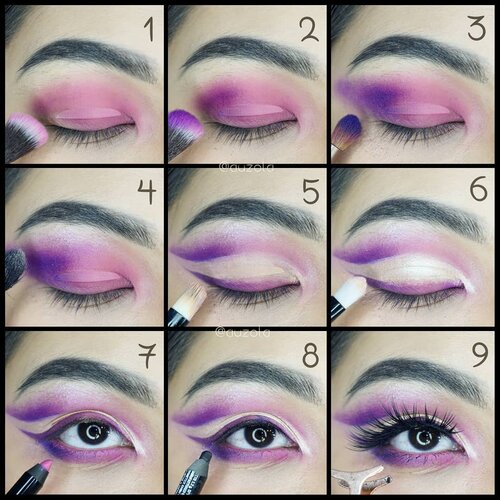 #auzolatutorial Tutorial for my previous look!
.
🌟Eyes🌟
1. Aplikasikan eyeshadow pink pada keseluruhan kelopak.
2. Tambahkan warna ungu di bagian ujung luar dan blend.
3. Baurkan dengan ungu tua ke arah luar, memanjang ke ujung alis.
4. Tambahkan warna champagne pada tulang alis.
5. Blok kelopak mata bagian tengah menggunakan concealer. Sisakan eyeshadow di bagian bawah membentuk cat eye.
6. Bubuhkan eyeshadow champagne pada bagian yang di-concealer.
7. Gunakan eyeliner pink pada waterline. Untuk bagian bawah mata, dari ujung luar ke arah dalam, tambahkan eyeshadow secara berurutan; ungu tua, ungu dan pink.
8. Gunakan eyeliner tipis2 hanya untuk membingkai mata.
9. Gunakan mascara dan tambahkan fake eyelashes.
.
🌟Face🌟
1. Gunakan concealer pada bagian yang dibutukan.
2. Aplikasikan foundation menggunakan sponge dengan cara ditepuk-tepuk hingga merata.
3. Contour wajah; pipi, hidung, rahang, dan jidat.
4. Tambahkan blush on pink tepat pada pipi.
5. Gunakan highlighter pada tulang pipi, tulang hidung, cupid bow, dagu dan pelipis.
6. Aplikasikan lipstick nude pink.
.
Done!
.
.
.
.
#colorfulmakeup #colorful #summer #summermakeup #wakeupandmakeup #makeupforbarbies @makeupforbarbies #beautybloggertangerang @beautyblogger.tangerang #indonesianbeautyblogger @indobeautyblogger  #undiscovered_muas @undiscovered_muas #bloggerceria @bloggerceriaid #clozetteid #fdbeauty #indobeautysquad  @indobeautysquad @tampilcantik #tampilcantik #mua_army #fantasymakeupworld #100daysofmakeup #beautybloggerindonesia @beautyblogger_indonesia