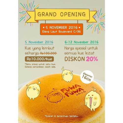 OMG! Finally Fuwa Fuwa store Grand Opening!!! Yay! Are you excited? I do, because it just became of of my 3 favorite cakes. Yes i only have 2 favorite before since im a bit picky about cake, but Fuwa Fuwa fluffly cake easily became my fave 😍😍
.
. 
So as you can see on the poster, they have a huge promotion going on on the grand opening, so make sure you come visit!
.
.
P.s cake is limited to 500pcs only and that is Fuwa Fuwa's capacity for the day. As the cakes are freshly bake and Fuwa Fuwa is only to make 12 cakes every 
15 minutes, you might need to queue a bit so be ready guys.
.
.
Trust me, you wont regret it. Even my bf who doesnt really like cake like me loves Fuwa Fuwa and he even buy one (he never ever buy cake for himself). Anyway stay tuned for my review as well because this cake will definitely going on my blog! 😍😍😍
.
#auzolalovestoeat #fuwafuwa #fuwafuwaworld #cake #fluffycake #fluffy #food #foodstagram #japan #yummy #lfl #l4l #likeforlike #clozetteid #bloggerceriaid #bloggerceria #blogger #japanesecheesecake #foodporn #foodie #beautyinfluencer #indonesianbeautyblogger #influencer #japancake #japanesecake #launching #comingsoon #cakestore #mouthwatering #cheesecake