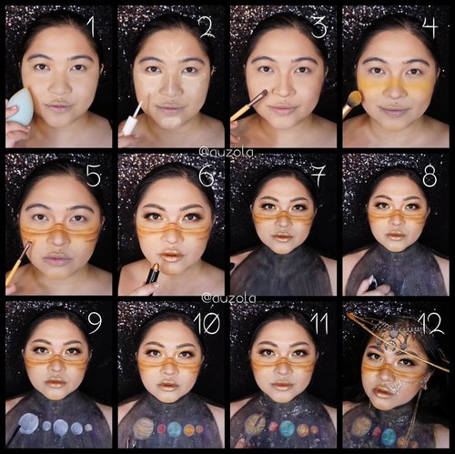 #auzolatutorial Planet Saturn Makeup look tutorial is here!
.
Face:
1. Prime and apply foundie.
2. Add some concealer & blend.
3. Shading cheek, nose, jaw & forehead area.
4. Add yellow blush all over the cheek & nose bone.
5. Using brown eyeshadow, create lines and blend downward using lighter brown.
6. Create eyemakeup and apply gold lipstick.
7. Paint the body using black facepaint/eyshadow.
8. Create stars (white dots) using white eyeliner/facepaint.
9. Draw planets using white eyeliner/facepaint.
10. Color the planets using eyeshadow/facepaint.
11. Add some glitter on and all around the planets.
12. I added gold eyeshadow and glitter all over my forhead before apply the accessories.
.
Eyes:
1. Draw brown eyebrow and add some gold glitter.
2. Apply yellow eyeshadow all over the eyelid.
3. Add brown eyeshadow on the outer corner and blend well.
4. Apply shimmer champagne eyeshadow on the brow bone.
5. Add gold glitter on the inner thru middle eyelid.
6. Apply black eyeliner.
7. Add brown on the lower lash.
8. Add gold eyeliner on the waterline.
9. Apply glitter on inner corner of the eye & below the eyeliner tails.
10. Apply mascara.
11. Put on falsies and you are done!
.
Inspo: the nose area inspired by @louistato
.
#auzolamakeupcharacter #dirumahaja #stayhome #wakeupandmakeup #saturn #saturnmakeup #planet #planetmakeup #universe #makeupforbarbies  #indonesianbeautyblogger #undiscovered_muas @undiscovered_muas #clozetteid #makeupcreators #slave2beauty #coolmakeup #makeupvines #tampilcantik #mua_army #fantasymakeupworld #100daysofmakeup #15dayscontentmarathon