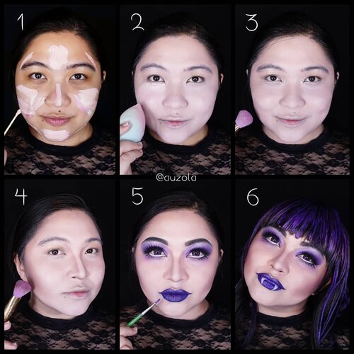 #auzolatutorial for @monsterhigh Elissabat makeup look is here ❤
.
Face:
1. Pakai primer, campurkan foundation yang agak pucat dng facepaint/eyeshadow keunguan. Bisa tambah warna putih di mix kalau kurang pucat.
2. Blend merata.
3. Set dengan bedak/eyeshadow warna pink.
4. Contour wajah menggunakan warna abu2 keunguan.
5. Buat eyemakeup dan aplikasikan lipstick ungu gelap.
6. Done!
.
Eyes:
1. Buat alis berwarna hitam. Bisa pakai eyeliner kalau mau lbh kereng lagi.
2. Gunakan warna ungu pada keseluruhan kelopak & blend ke arah tulang alis.
3. Tambahkan ungu yg lebih gelap pada kelopak dan blend sedikit.
4. Gunakan sedikit ungu terang shimmer pada keseluruhan tulang alis.
5. Aplikasikan eyeliner putih pada bagian bawah mata.
6. Gunakan eyeliner memebentuk ilusi mata yg lebih besar.
7. Gambar bulu mata palsu pada bagian bawah mata menggunakan eyeliner.
8. Tambahkan sedikit ungu pada bagian bawah mata.
9. Gunakan maskara dan bulu mata palsu! Done ❤
.
.
.
.
#auzolamakeupcharacter #dirumahaja #stayhome #wakeupandmakeup #purple #purplemakeup #monsterhigh #makeupforbarbies  #indonesianbeautyblogger #undiscovered_muas @undiscovered_muas #clozetteid #makeupcreators #slave2beauty #coolmakeup #makeupvines #tampilcantik #mua_army #fantasymakeupworld #100daysofmatkeup #15dayscontentmarathon