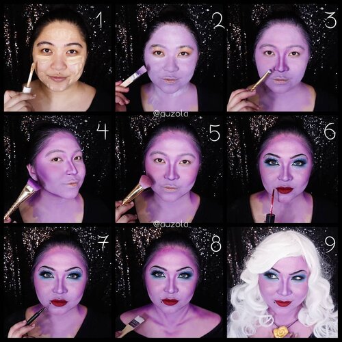 #auzolaTutorial 
Ursula tutorial akhirnya baru kelar di grid lol. Nanti kalau sempat bikin videonya juga deh 😁
.
💜Face💜 
1. Aku lebih suka pake concealer/foundie sebagai base sebelum menggunakan facepaint.
2. Gunakan facepaint ungu pada keseluruhan wajah dan leher. Aku mixed facepaint warna merah+biru+putih buat bikin ungu kaya gini. Bisa juga pakai eyeshadow ungu. 
3. Shading bagian hidung dengan ungu yang lebih gelap.
4. Shading bagian pipi, rahang dan juga jidat.
5. Sapukan sedikit blush on berwarna pink.
6. Buat eyemakeup dan tambahkan lipstick merah gelap.
7. Buat beauty mark / tahi lalat di bawah bibir menggunakan eyeliner.
8. Warnai bagian bahu dan dada lalu shading dengan ungu yang lebih tua.
9. Gunakan wig putih dan kalung kerang. Done!
.
💜Eyes💜
1. Buat alis tipis dan menukik dengan eyeliner hitam.
2. Gunakan eyeshadow biru muda pada kelopak dan jangan dibaurkan. Biarin ngeblok eyelid.
3. Gunakan juga warna biru dibagian bawah mata dan baurkan ke arah ujung luar mata.
4. Tambahkan biru tua pada ujung luar mata dan juga pada garis atas kelopak mata.
5. Tambahkan glitter biru pada tengah kelopak. Setelahnya gunakan eyeliner.
6. Gunakan maskara dan tambahkan buli mata palsu. 
.
.
.
.
#disneyvillain #ursula #thelittlemermaid #ariel #poorunfortunatesouls #makeupforbarbies  #indonesianbeautyblogger #undiscovered_muas @undiscovered_muas #clozetteid #makeupcreators #slave2beauty #coolmakeup #makeupvines #tampilcantik #mua_army #fantasymakeupworld #100daysofmakeup  #crazymakeup #halloweencolor