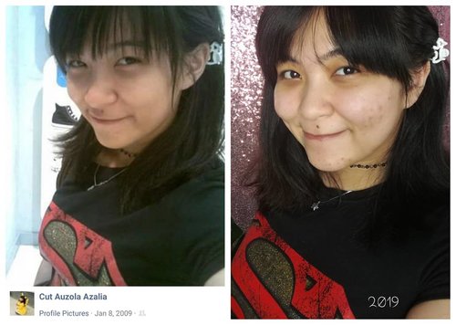 Recreating my 10 years ago selfie, mumpung lagi rame #10yearchallenge dan model rambut ternyata lagi mirip 😂.Both bareface. Same superman tees, same beads chocker, same dog hair clip. Yup, still have em! 😂.The different?- I was almost 17, now wayyyy past 17 🙆- tees supermannya ngetat cuy, weight different is almost 30kg 🙈🙈- flawless face back then, now acne everywhere. Ini ogut telat puber apa gimana? 🤔- panda eyes! Makin menjadi di 2019 🐼.I know, I know, 10 years ago me is better looking and with better body as well lol. Ga ada deh tu pubery hit me well, hit me hard with reality iyes 😂.Let's go back in time #teamjadullebihkece....#10yearschallenge #2009vs2019 #2009 #2019 #bareface #asiangirl #asian #bangs #recreate #selfie #throwback #blogger #influencer #bloggerceria #clozetteid #fdbeauty #beauty #beautybloggerindonesia #oldies #now #then #17yearsold