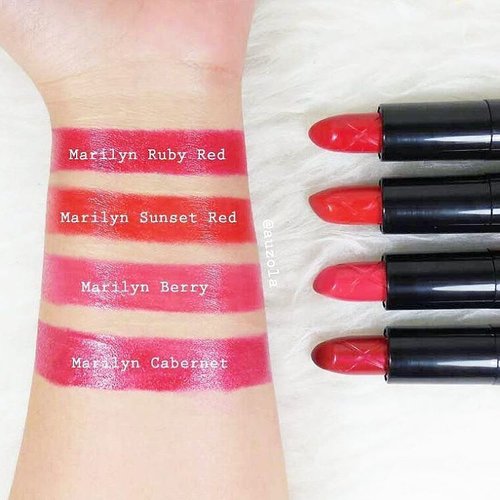Here goes the swatch of Max Factor Marilyn Lipsticks 😍
.
💋 Marilyn Ruby Red - the iconic red that matches any skintone
💋 Marilyn Sunset Red - for warm tones, it's more like orange-red
💋 Marilyn Berry - for cool tones, it's like a pinkish-red
💋 Marilyn Cabernet - for darker tones, it's more like a berry-red in my eyes
.
.
So i've tried them all and i found all of the reds match my complexion! I love the cold feeling it gives when applied and also a bit smell like mint. It's glossy but still fine with me. Doesn't dry the lips and pretty much nice when used. My favorite are Marilyn Ruby Red and Berry 😍
.
.
#auzolalipswatch @maxfactorindonesia @maxfactor #lipstick #glossy #review #swatch #lipstickswatch #auzolalipswatch #maxfactor #maxfactormarilynmonroe #lipstickjunkie #lipstickmatte #lipstickaddict #beautyblogger #influencer #lfl #l4l #likeforlike #beautyinfluencer #lipstickswatch #clozetteid #indonesianbeautyblogger #blogger #indobeautygram #bloggerceria #bloggerceriaid