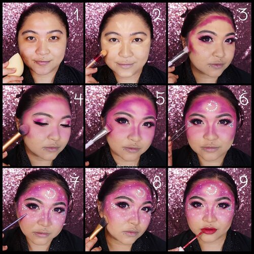 #auzolatutorial ini dia tutorial look kemarin 💕
.
✨Face✨
1. Gunakan foundation seperti biasa.
2. Jangan lupa concealer pada bagian yang membutuhkan.
3. Aku biasanya lanjut ke eyemakeup dulu. Setelahnya baru balik ke wajah, yaitu menggunakan pink tua pada bagian luar biar sekalian contour.
4. Blend dengan pink muda.
5. Tambahkan pink/ungu tua senada sebagai shading tambahan pada bagian yang membutuhkan.
6. Tempelkan aksesori seperti blink bintang dan juga membentuk bulan bintang, atau simbol apa aja yang kamu mau.
7. Tambahkan gambar bintang2 menggunakan eyeliner/facepaint putih.
8. Shading bagian pipi dan dagu jika perlu.
9. Gunakan lipstick pink tua.
.
✨Eyes✨
1. Bentuk alis dengan warna gelap/hitam. Gunakan softlens jika perlu.
2. Gunakan pink muda pada keseluruhan kelopak sampai alis.
3. Tambahkan pink tua pada ujung luar mata dan blend.
4. Gunakan warna ungu tua senada dan blend untuk memperdalam lipatan.
5. Tambahkan eyeshadow pearl glittery pada bagian dalam kelopak.
6. Gunakan warna yang sama pada bagian bawah mata.
7. Aplikasikan eyeliner.
8. Gunakan maskara.
9. Aplikasikan fake eyelashes.
Doneee💕✨
.
.
.
.
#makeup #ramadhan2021 #ramadhan #star #starmakeup #mua_army #cchannelbeautyid #fdbeauty #clozetteid #happyramadan #ramadan #ramadan2021