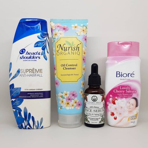 Woohoo, another #BeautyEmpties this month! Every product worth to try and repurchase 🙂.@headandshouldersid Supreme Anti Hair Fall with Argan creme  @nurishorganiq_id Oil Control Cleanser  @utamaspice Face Serum  @id.biore Lovely Cherry Sakura Body Foam..Gerakan #Empties ini bermaksud untuk mengajak semua orang lebih mindfull dengan memakai barang-barang sampai habis baru membeli yang baru untuk meminimalisasi karbon hasil produksi barang yang dikonsumsi dan sampah. Apa barang-barang yang sudah habis kamu pakai bulan ini?...#ClozetteID#fromwhereistand#onthetable#MoveOnBeb#NurishOrganiqID#MilikiKekuatanAlamiKulitmu#utamaspice#WhyNot#LovelyCherrySakura