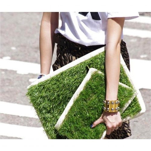 Quirky clutches made of artificial grass | made by #Glush #HongKong #localdesigners 
#fashionstatement #Clozette #ClozetteID