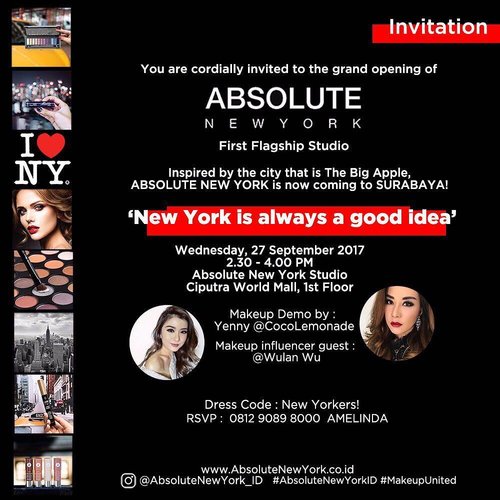 New York is Calling! Celebrating the latest makeup brand @AbsoluteNewYork_ID studio opening in Surabaya at @CiputraWorldSby with special appearance of @YennyLemonade and gorgeous beauty influencer @WulanWu. Do you want to join? 
How? Simply repost this image, put your comment in this post with "I should attend this event because..." with #AbsoluteNewYorkSurabaya #KATHGiveaway and tag 3 of your friends
.
.
I will only pick 10 lucky winners to attend this event with me! 
The winner will be announced on Sept 27th, 2017 and you will get goodies from Absolute New York!
.
Let's Join!
.
#AbsoluteNewYorkID #Giveaway#GiveawayIndonesia
#bloggerindonesia #lookbookindonesia #beautyguru #beautyvlogger #beautyblogger #clozetteid #bloggerstyle #fashionblogger #fashionstyle #fashionindo #indonesianbeautyblogger #indonesian_blogger #indonesiabeautyblogger #youtubeasia #youtuberindonesia #clozetteambassador #beautyindonesia #indobeautygram#stylehaul #cgstreetstyle #ggreptrend #ggrep #ootd