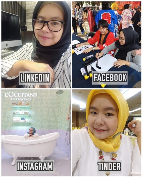 True or not? 🤣🤣🤣 Jadi dari kuliah, udah dapet gelar "TER-ONLINE" dari temen-temen sekelas. Eh ternyata bener kan kerja dan dapet rejekinya ya via online ini di segala channel medsos dan blog 🤣 .Kalau di LinkedIn foto yang lebih professional, di Facebook lebih banyak foto-foto pengalaman yang pengen disimpan, di IG ya foto kerjaan dan foto aesthetic (harus edit pakai LR tbh hahaha) dan di Tinder ya fotonya gini kali ya. Au ah lupa udah bertahun-tahun ga buka Tinder 🤣 Kalau diskusi dan voicing out my opinion (alias nyampah dikit wkwk)? Ya jelas IGS dan Twitter tempatnya. TikTok ada tapi haruskah saya memainkannya juga 🤣🤣🤣 .They say social media is toxic. Well, I think is how you look at it. We can be civilized and have a hearthy discussion too. I've had plenty and sometimes we agree to disagree. But when it gets too much, it's okay to be silent and detox for a while. Tapi jangan lama-lama nanti engagement rate turun 🤣🤣😭😭 .So what's your favorite social media? .-------.#dollypartonchallenge #dollypartonmemechallenge #linkedinfacebookinstagramtinder #challengeaccepted #clozettedaily #clozetteid #selfie #linkedin #instagram #facebook #tinder #photochallenge #hijab #dailyhijab #everydayhijab #hijabdaily