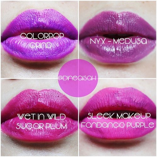 Good Moring Beauty Sisters 😘
This is a purple lipstick that I had.. @colourpopcosmetics Lippie Stix - Grind
@nyxcosmetics Round Lipstick - Medusa
#WetInWild - Sugar Plum
@sleekmakeup Mette Me - Fandango Purple

#Clozette #ClozetteID #Beauty #Makeup #Lipstick #Lippie #Creme #Satin #Matte #colorpopcosmetics #NYXCosmetics #Shade #Purple #Swatch #Dasisters #BBloggers #BBloggerID #IndonesiaBeautyBlogger #BeautyBloggerID #BeautiesID #BeautyInsta #BeautyInstagram #FotdIBB #vegas_nay #FeatureMeDita