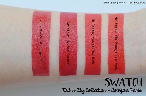 Pilih warna merah favorite mu di RED IN CITY COLLECTION by @bourjois_id
.
.
DetIl reviewnya di www.sistersdyne.com atau click link bio
.
.
#Clozette #Clozetteid #Makeup #Lipstick #lipstickjunkie #lippie #bourjois #bourjoisparis #Rougeeditionvelvet #Rougeedition12heures #semimatte #velvetmatte #matte #redincity #itsreddingmen #joliedevin #flatlays #bokeh #dreamy #bloggerreview #beautybloggerid #bbloggers #instamakeup #instabeauty #instalipstick #dasistersblog #swatching #swatchlipstick