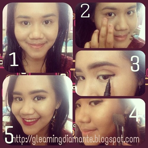 A quick 5 minutes make up:

1. After washing, prepare your face with moisturizer and single layer of bb cream/foundation.

2. Add concealer to cover dark circle under eyes.

3. Apply eyeliner. Brush your brow or use eyebrow pencil to add volume.

4. Make a contour using bronzer / dark blush on with angled blush brush.

5. Add red lipstick and you are ready to go!

#blogger #tips #tutorial #makeup #makeover #clozetteid #clozettedaily