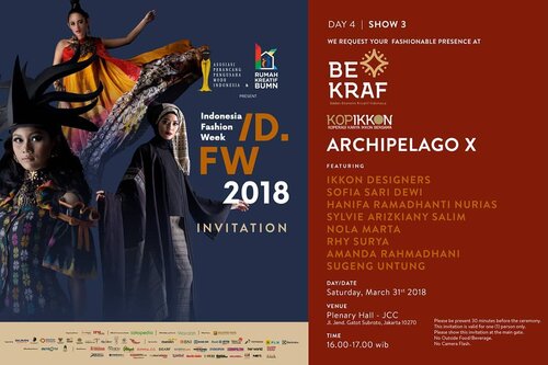 @bekraf.go.id @bekrafd4 Dalam Negeri & @kopikkon presents ... ARCHIPELAGO X ..
.
.
.
Save the date : 31 March 2018 at JCC - Plenary Hall ..
Signature Main Stage of @indonesiafashionweekofficial 2018 .. .
.
.
Persembahan dari Sofia Sari Dewi bersama @liveinmanumanu & Mama Monika Ngadha (Indigo Ikat Langa) Ngada Flores NTT .. kolaborasi yang dilakukan sejak awal tahun 2017 .. community base of social enterprise.. menghasilkan motif baru dan warna indigo deep blue sea .. melebur dalam pesona "Urban TransforMANU" ... Keep it alive .. your day and night style 💙 .
.
.
Masih ada banyak desainer IKKON-KOPIKKON yang juga akan menghadirkan karya kolaborasi terbarunya .. featuring perajin daerah : salem brebes, negeri katon pesawaran lampung, lasem rembang, dan sawah lunto .. .
.
.
Terima kasih Bekraf Indonesia dan KOPIKKON atas kesempatannya 🙏
Terima kasih teman-teman influencer, media, dan kawan baik yang sudah konfirmasi untuk hadir .. 🙏
Sofia masih punya 5 tiket reguler jika teman-teman ada yang berminat hadir.. silakan DM (IG) ya 💙
#clozetteid #lifestyle #sofiadewifashiondiary #designerlife #liveindesigner #fashiondesigner #indonesiafashionweek2018 #LiveInManuManu #Jakartaevent #March2018 #KOPIKKON #IKKON2016 #bekrafgoid #bekrafd4 #bekrafd4dn